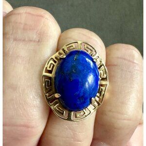 Vtg 14K Yellow GOLD + Large BLUE LAPIS COCKTAIL RING Size 7 Greek Key MidCentury